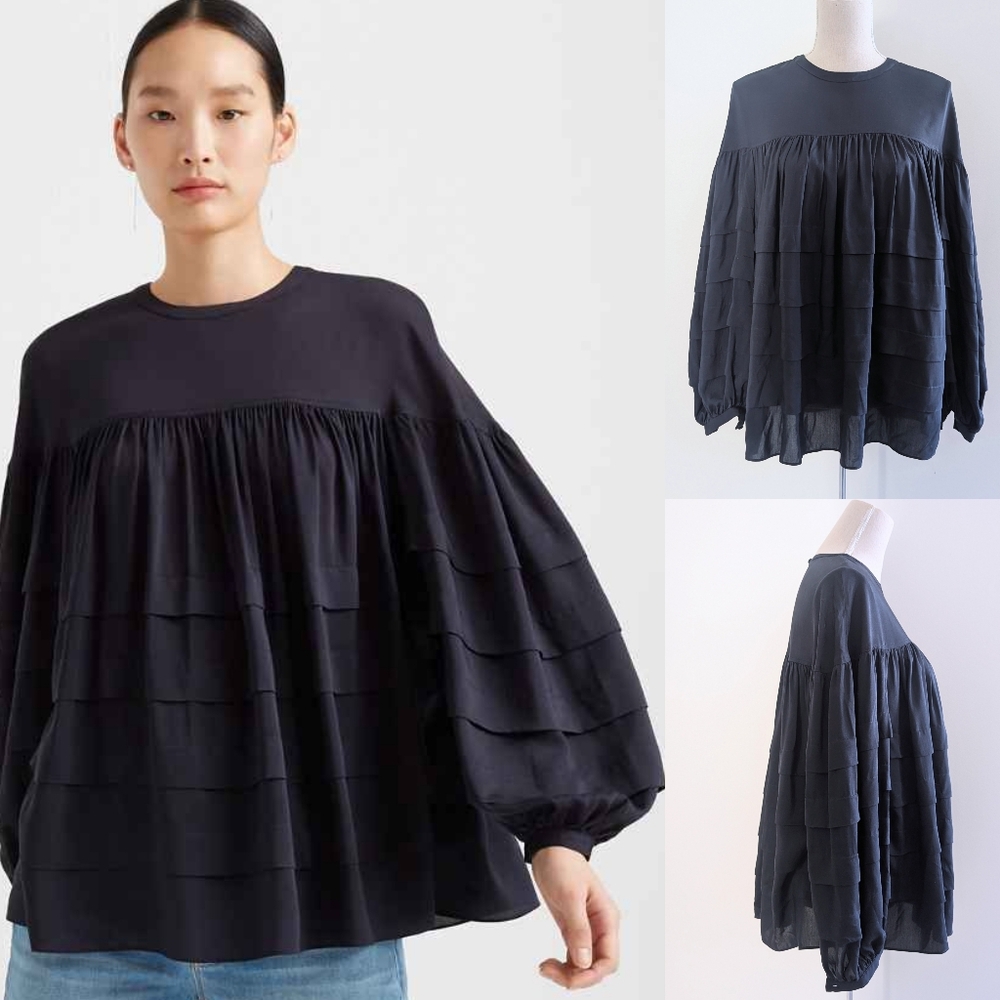 NWT Club Monaco Layered Tier Tuck Silk Blouse Top In Navy Blue S